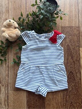 Janie and Jack Navy and White Striped Romper with Red Bow